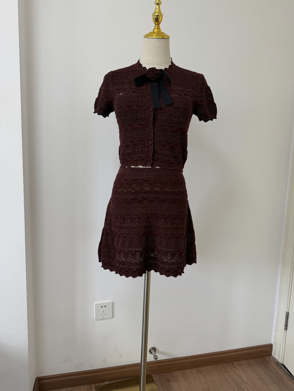 Self Portrait Brown Pointelle Knit Top With Matching Mini Skirt Set - Picture 9 of 16